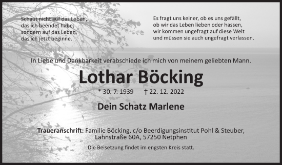 Traueranzeige von Lothar Böcking von Siegener Zeitung