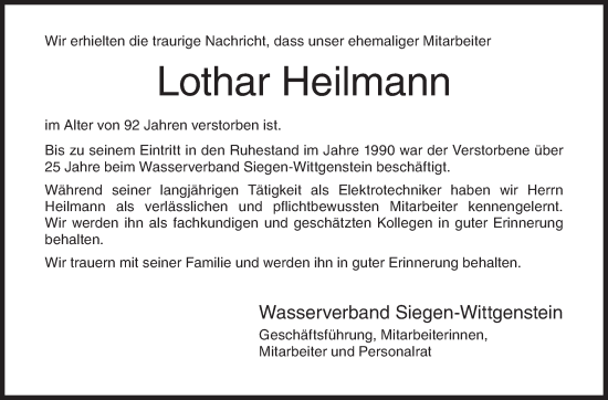 Traueranzeige von Lothar Heilmann von Siegener Zeitung
