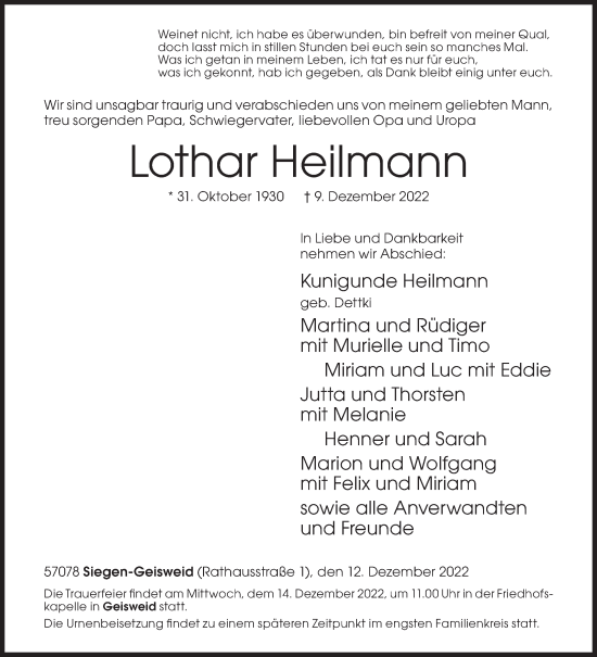 Traueranzeige von Lothar Heilmann von Siegener Zeitung