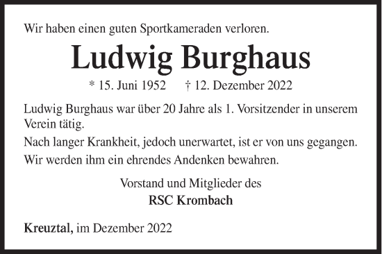 Traueranzeige von Ludwig Burghaus von Siegener Zeitung