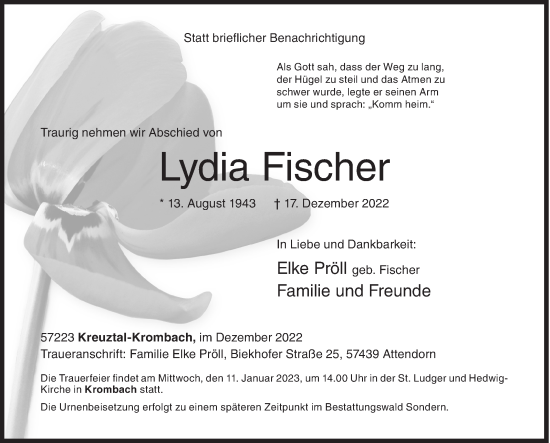 Traueranzeige von Lydia Fischer von Siegener Zeitung