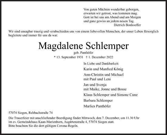 Traueranzeige von Magdalene Schlemper von Siegener Zeitung