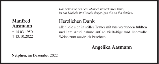 Traueranzeige von Manfred Aasmann von Siegener Zeitung