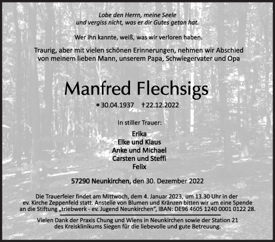 Traueranzeige von Manfred Flechsigs von Siegener Zeitung