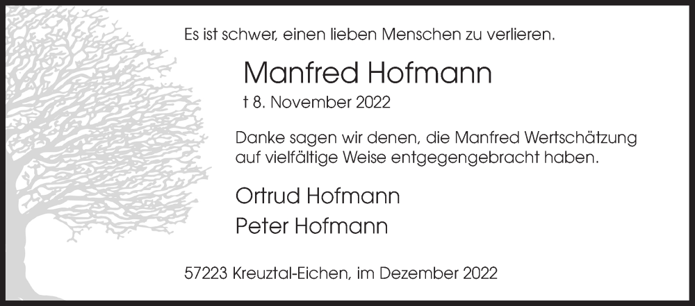  Traueranzeige für Manfred Hofmann vom 17.12.2022 aus Siegener Zeitung