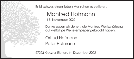 Traueranzeige von Manfred Hofmann von Siegener Zeitung