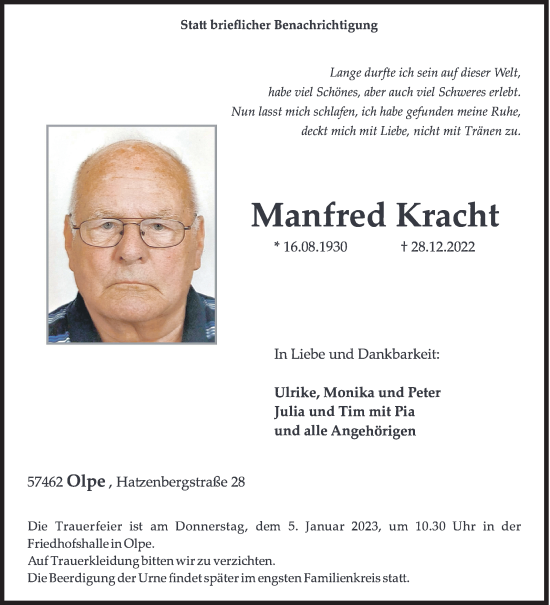 Traueranzeige von Manfred Kracht von Siegener Zeitung