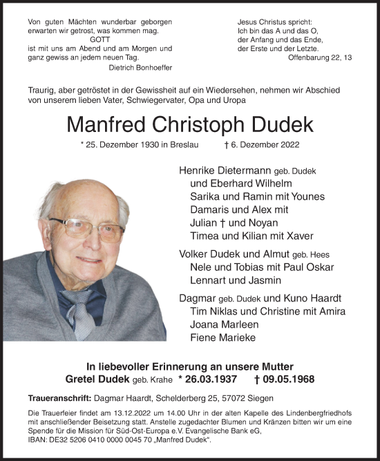 Traueranzeige von Manfred Christoph Dudek von Siegener Zeitung