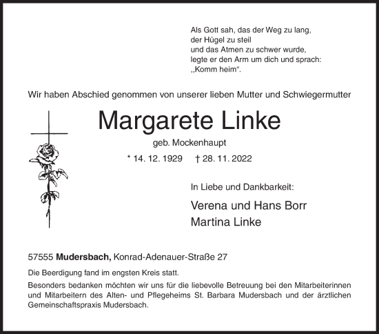 Traueranzeige von Margarete Linke von Siegener Zeitung
