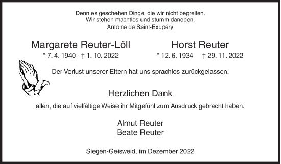 Traueranzeige von Margarete und Horst  von Siegener Zeitung