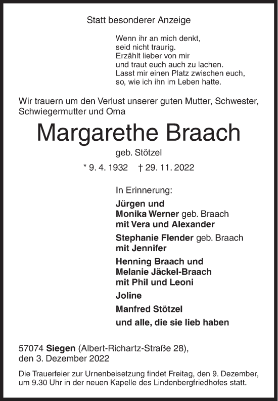Traueranzeige von Margarethe Braach von Siegener Zeitung