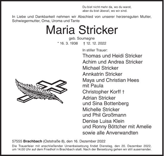 Traueranzeige von Maria Stricker von Siegener Zeitung