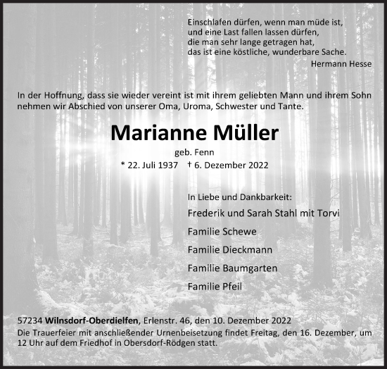 Traueranzeige von Marianne Müller von Siegener Zeitung