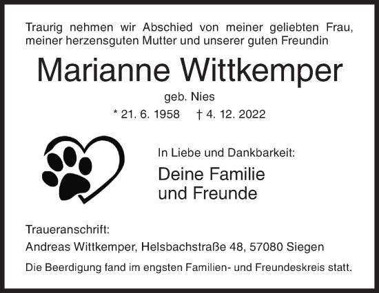 Traueranzeige von Marianne Wittkemper von Siegener Zeitung