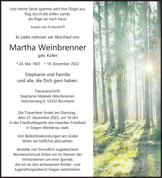 Traueranzeige von Martha Weinbrenner von Siegener Zeitung