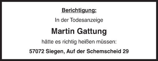 Traueranzeige von Martin Gattung von Siegener Zeitung
