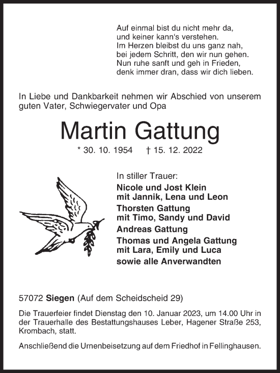 Traueranzeige von Martin Gattung von Siegener Zeitung