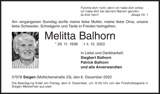 Traueranzeige von Melitta Balhorn von Siegener Zeitung