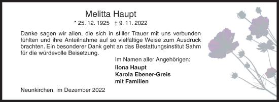 Traueranzeige von Melitta Haupt von Siegener Zeitung
