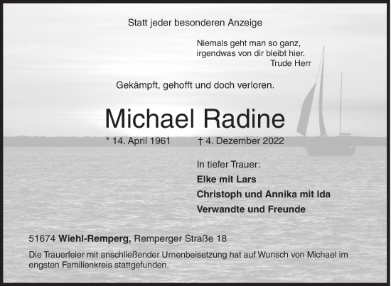 Traueranzeige von Michael Radine von Siegener Zeitung
