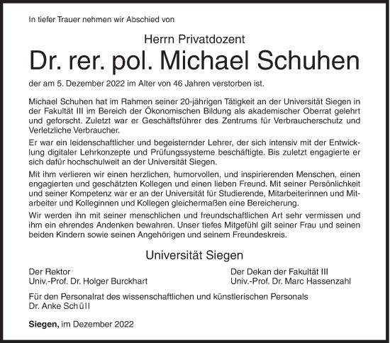 Traueranzeige von Michael Schuhen von Siegener Zeitung