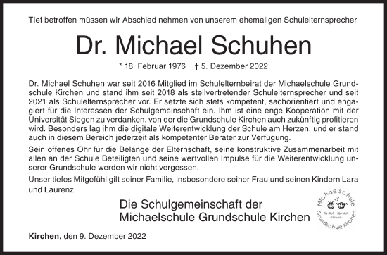 Traueranzeige von Michael Schuhen von Siegener Zeitung