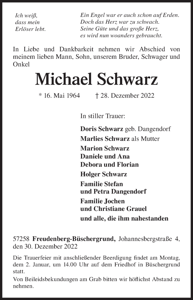  Traueranzeige für Michael Schwarz vom 30.12.2022 aus Siegener Zeitung