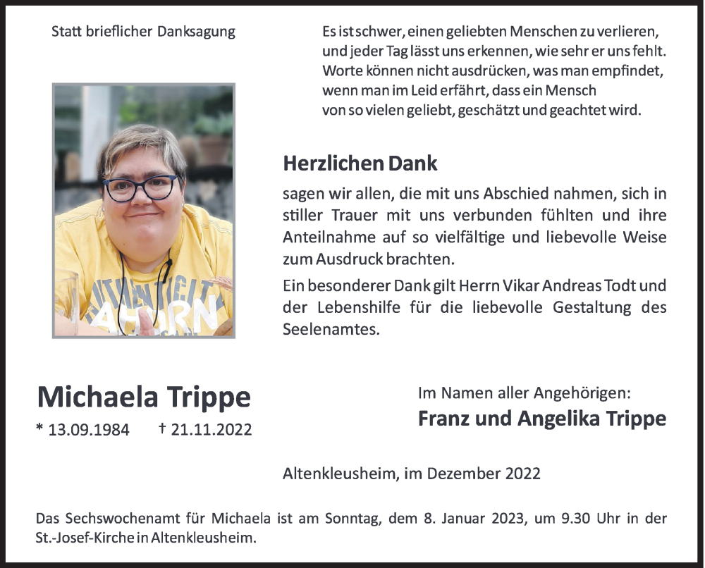  Traueranzeige für Michaela Trippe vom 30.12.2022 aus Siegener Zeitung