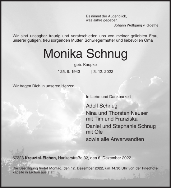 Traueranzeige von Monika Schnug von Siegener Zeitung