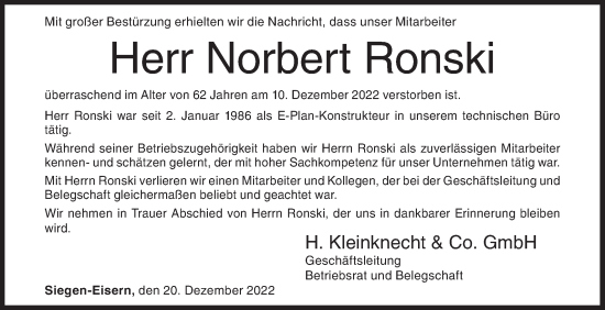Traueranzeige von Norbert Ronski von Siegener Zeitung