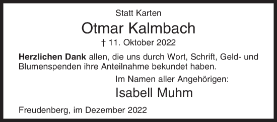 Traueranzeige von Otmar Kalmbach von Siegener Zeitung