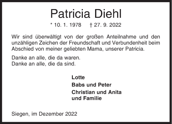 Traueranzeige von Patricia Diehl von Siegener Zeitung