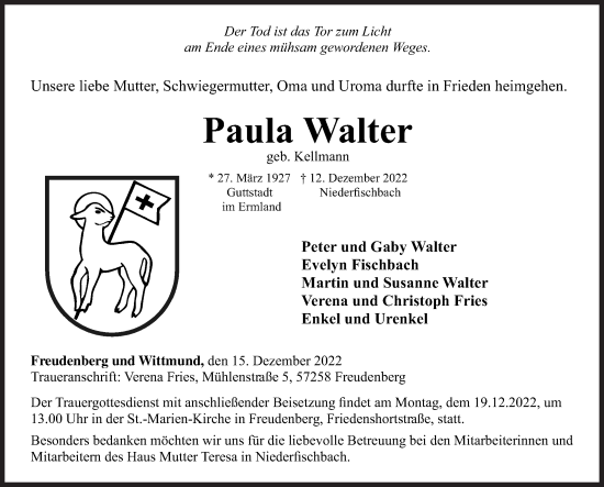 Traueranzeige von Paula Walter von Siegener Zeitung