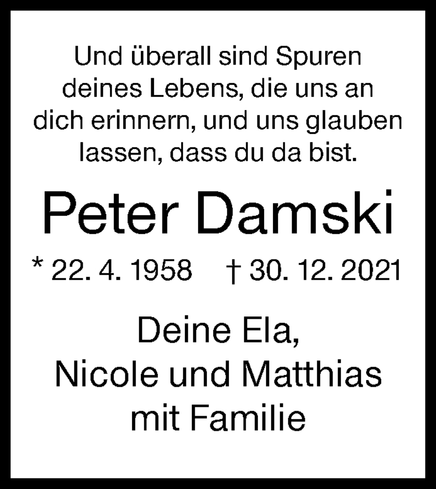  Traueranzeige für Peter Damski vom 30.12.2022 aus Siegener Zeitung