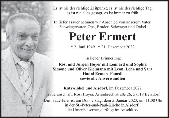 Traueranzeige von Peter Ermert von Siegener Zeitung