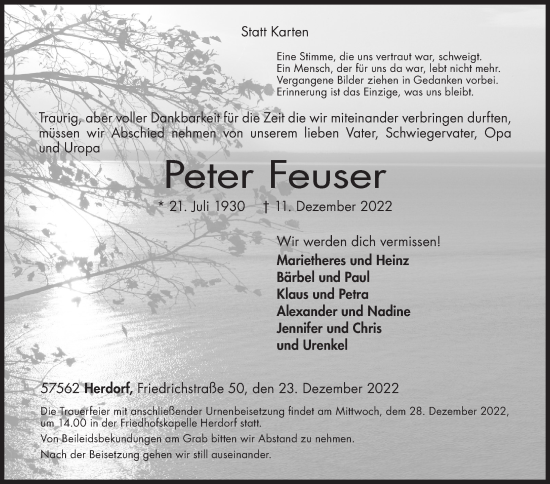 Traueranzeige von Peter Feuser von Siegener Zeitung