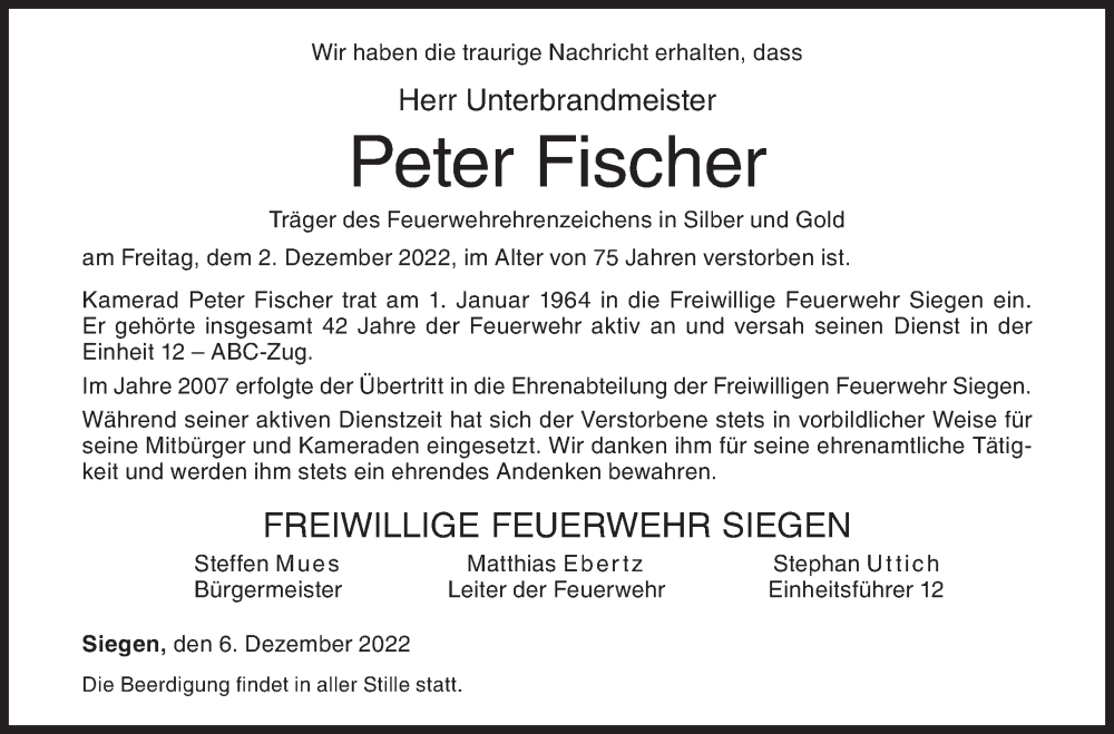  Traueranzeige für Peter Fischer vom 06.12.2022 aus Siegener Zeitung