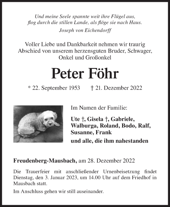 Traueranzeige von Peter Föhr von Siegener Zeitung