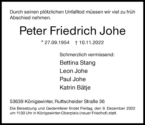 Traueranzeige von Peter Friedrich Johe von Siegener Zeitung