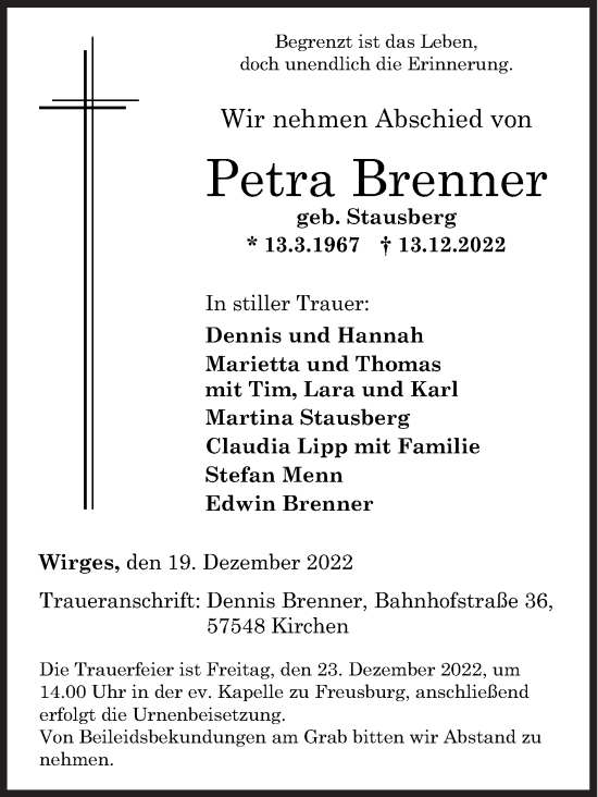 Traueranzeige von Petra Brenner von Siegener Zeitung