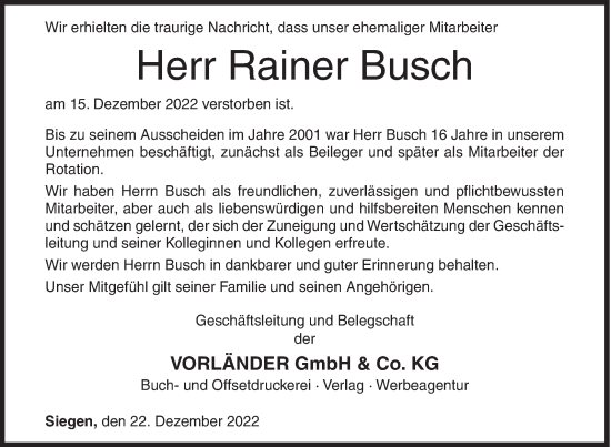 Traueranzeige von Rainer Busch von Siegener Zeitung