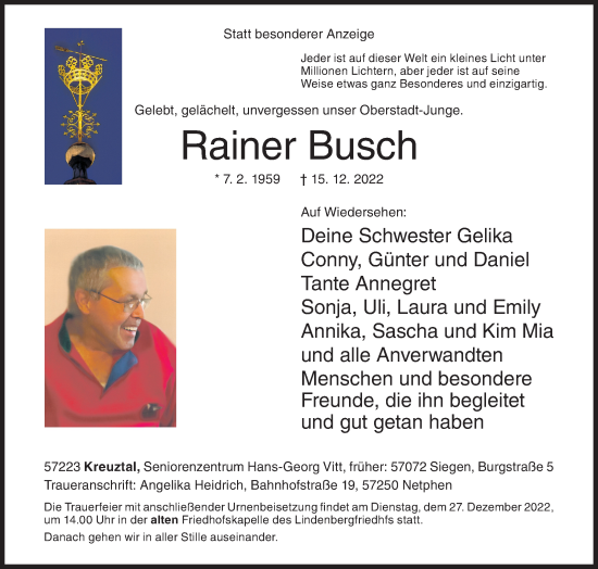 Traueranzeige von Rainer Busch von Siegener Zeitung