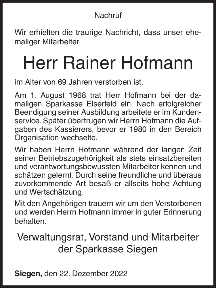  Traueranzeige für Rainer Hofmann vom 22.12.2022 aus Siegener Zeitung