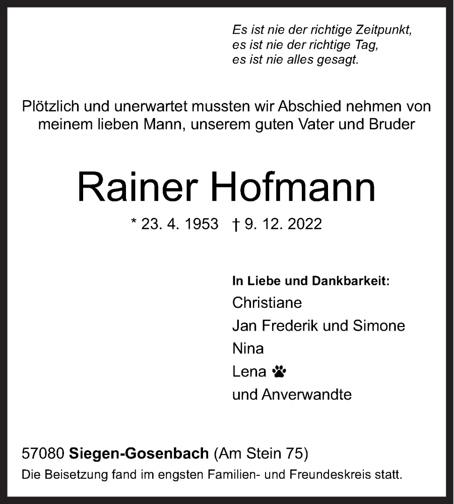  Traueranzeige für Rainer Hofmann vom 21.12.2022 aus Siegener Zeitung