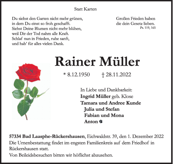 Traueranzeige von Rainer Müller von Siegener Zeitung