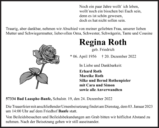 Traueranzeige von Regina Roth von Siegener Zeitung