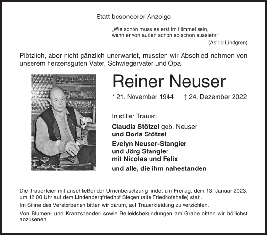 Traueranzeige von Reiner Neuser von Siegener Zeitung