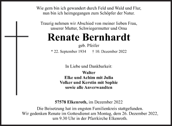 Traueranzeige von Renate Bernhardt von Siegener Zeitung