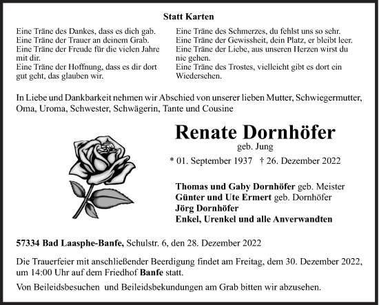 Traueranzeige von Renate Dornhöfer von Siegener Zeitung