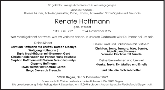 Traueranzeige von Renate Hoffmann von Siegener Zeitung